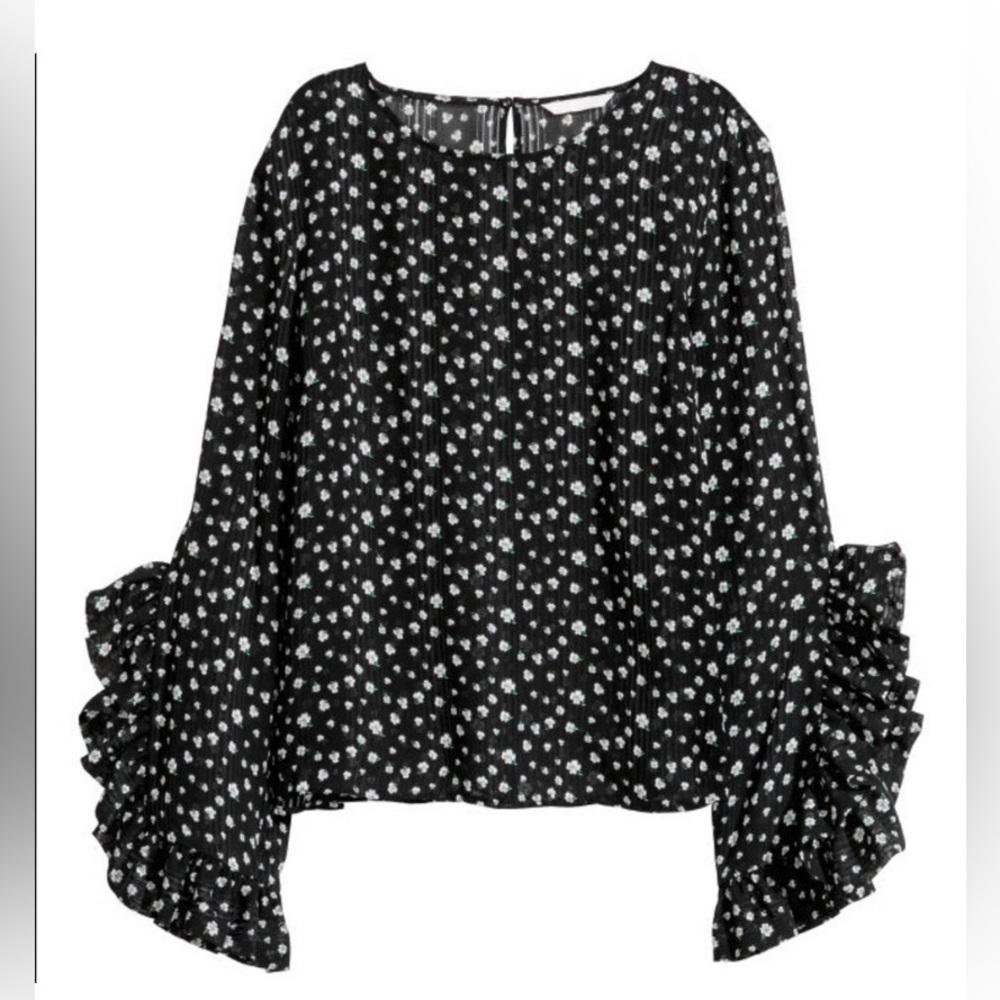 H&M Gauzy Textured Ditsy Floral Ruffle Sleeve Blouse